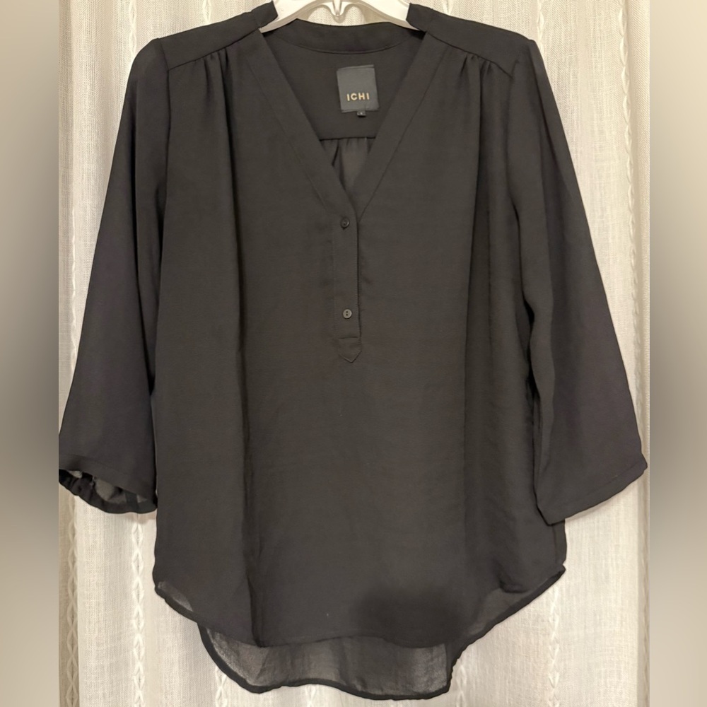 ICHI sheer black blouse. High-low 3/4 length sleeves. Sz.Sm